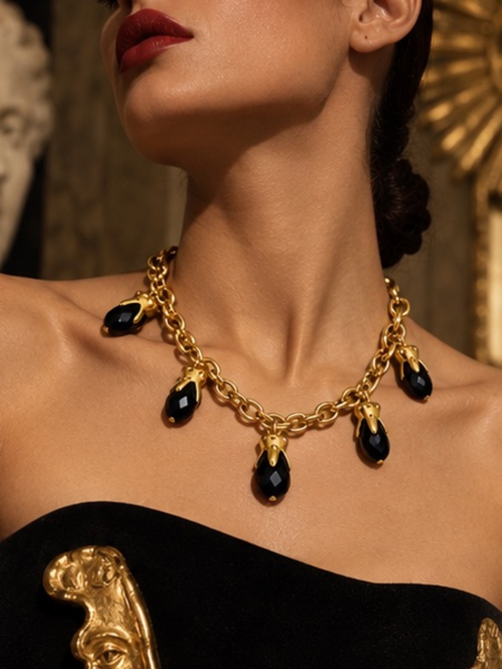 Black Onyx Charm Chain Necklace Gold Sculptural Jewelry
